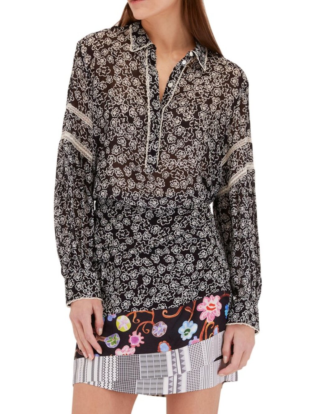 Dorothee Schumacher Floral Transparencies Black & White Lace-Trim Blouse